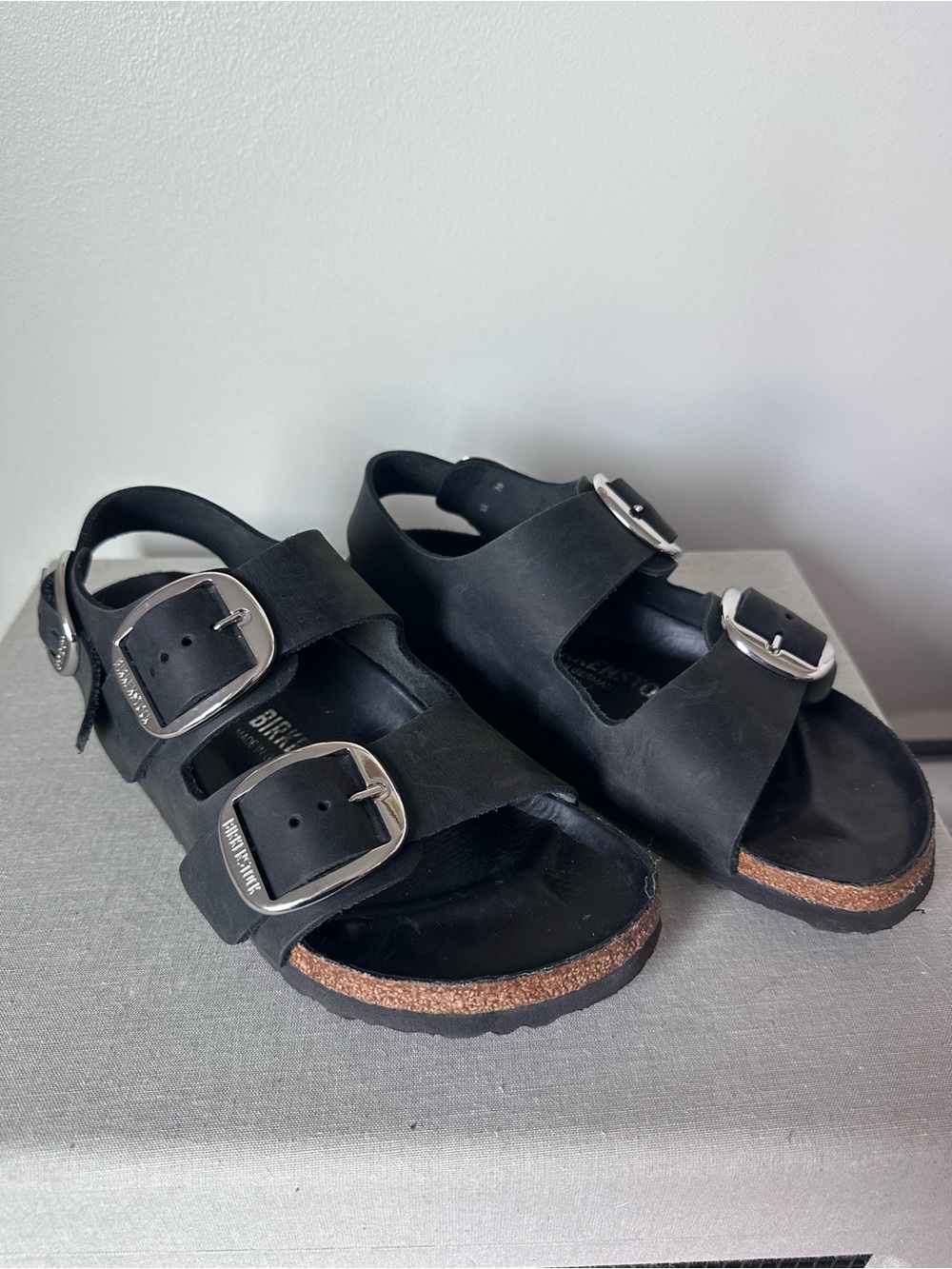 Birkenstock Milano Black Big Buckle Sandals with Cork Footbed